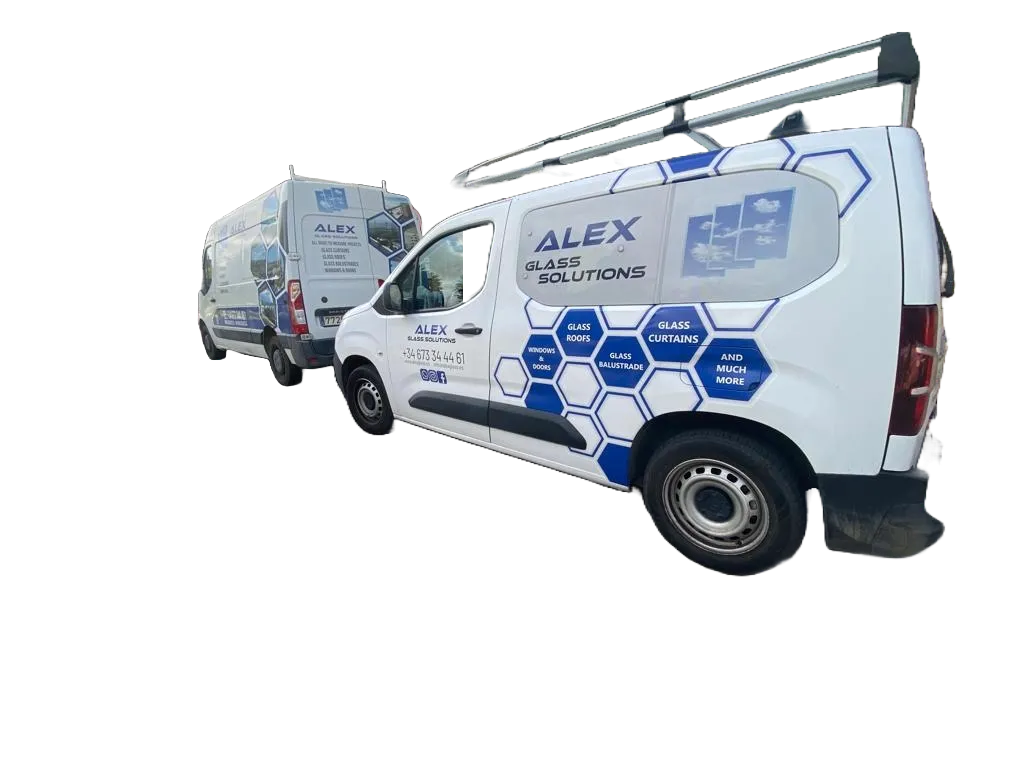 Two Alex Glass Solutions vans in branded white and blue livery